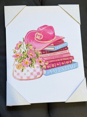Chic Fashion Canvas Print 11x14 Stack of Books With Designer Names & Cowboy Hat